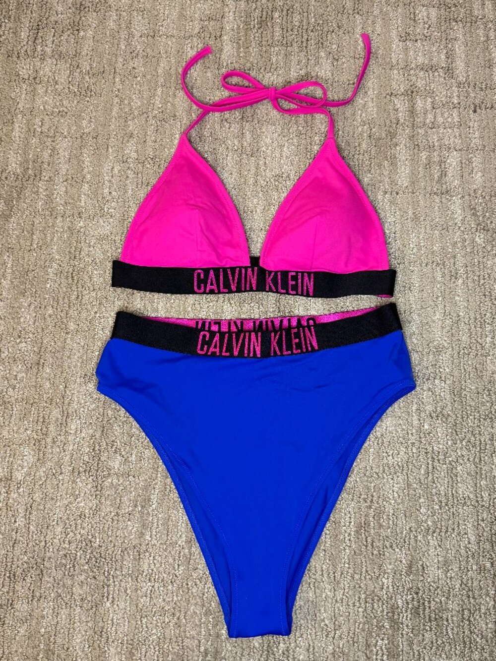 Calvin Klein Women's Pink & Blue Triangle Top Bikini High Waist Swimsuit Sz S/M
